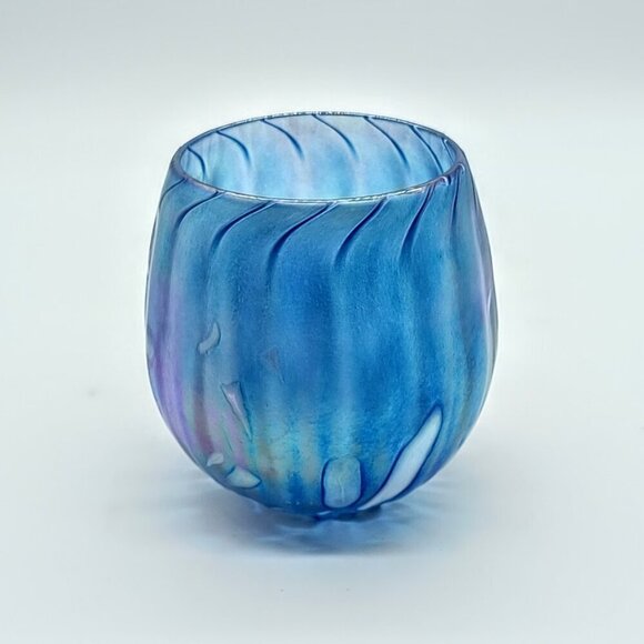 Handblown Blue Iridescent Glass Candle Holder - Picture 3 of 6